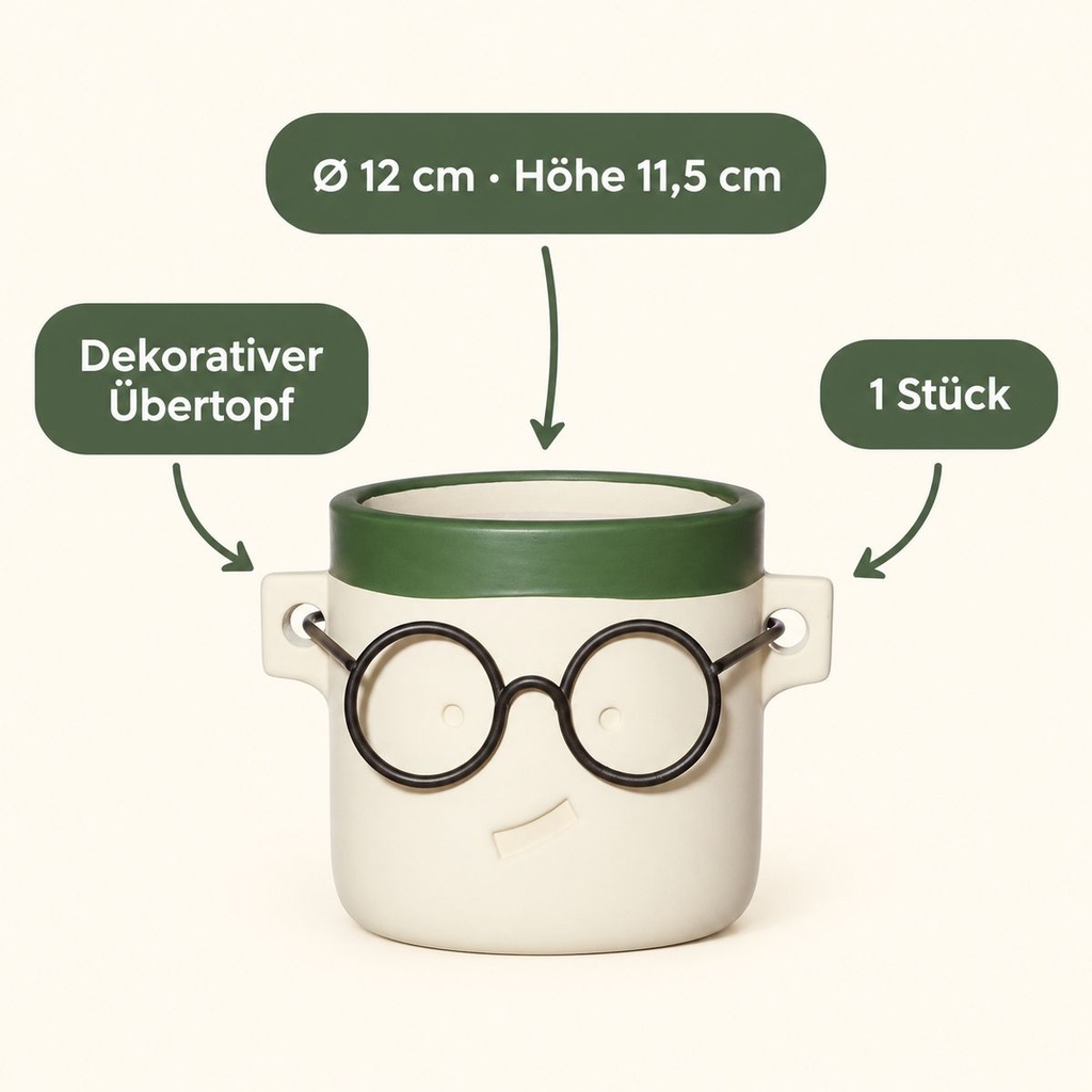 Blumentopf Harry mit Gesicht und Brille Grün, Grün, Ø 12 cm, H 11.5 cm – Eigenschaften im Überblick