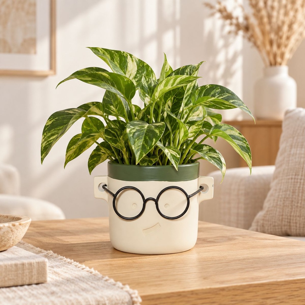 Blumentopf Harry mit Gesicht und Brille Grün, Grün, Ø 12 cm, H 11.5 cm – dekoriert im Wohnraum