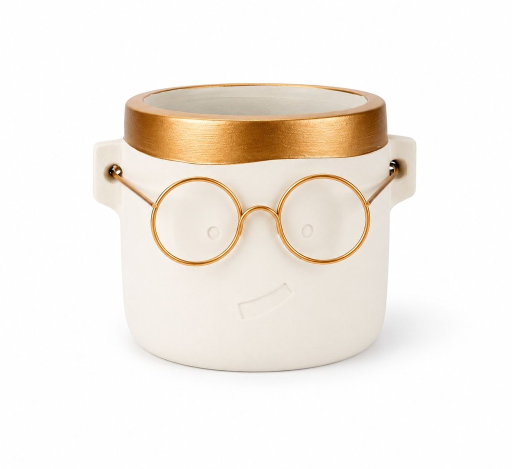Blumentopf Harry mit Gesicht und Brille Gold, Gold, Ø 12 cm, H 11.5 cm – Produktfoto auf weißem Hintergrund