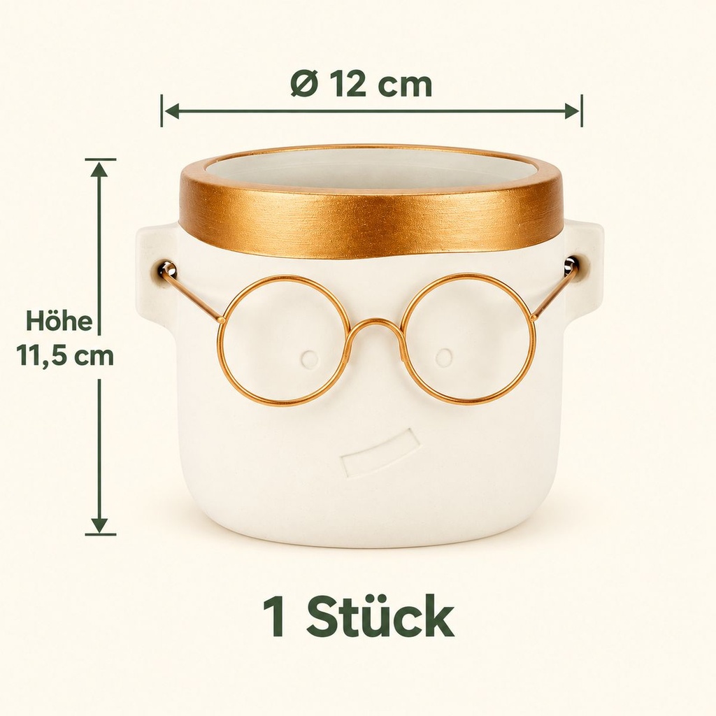 Blumentopf Harry mit Gesicht und Brille Gold, Gold, Ø 12 cm, H 11.5 cm – Maße und Liefermenge auf einen Blick