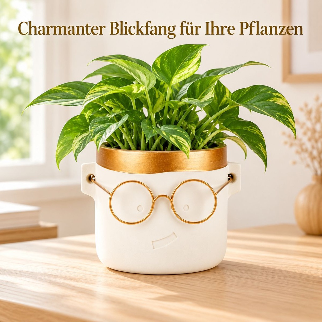 Blumentopf Harry mit Gesicht und Brille Gold, Gold, Ø 12 cm, H 11.5 cm – im Einsatz