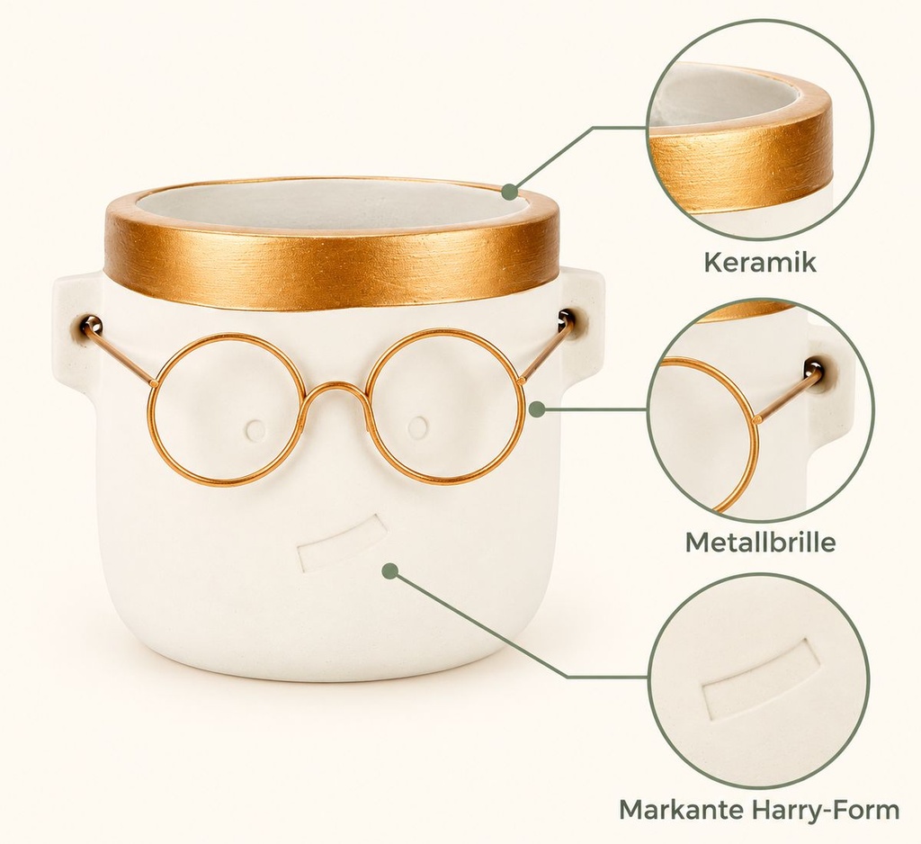 Blumentopf Harry mit Gesicht und Brille Gold, Gold, Ø 12 cm, H 11.5 cm – Nahaufnahme der Oberfläche