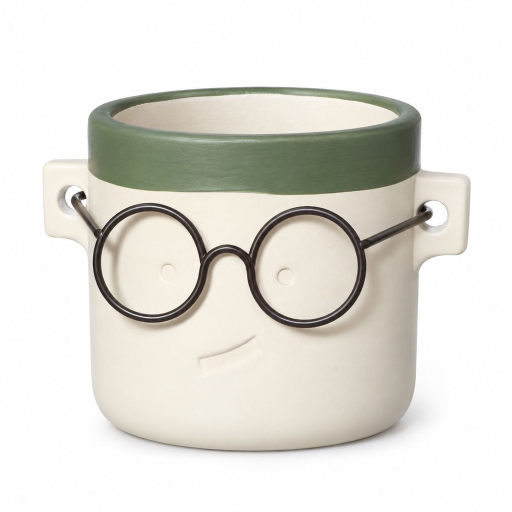 Blumentopf Harry mit Gesicht und Brille Grün, Grün, Ø 14 cm, H 13.5 cm – Produktfoto auf weißem Hintergrund