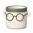 Blumentopf Harry mit Gesicht und Brille Grün, Grün, Ø 14 cm, H 13.5 cm – Produktfoto auf weißem Hintergrund