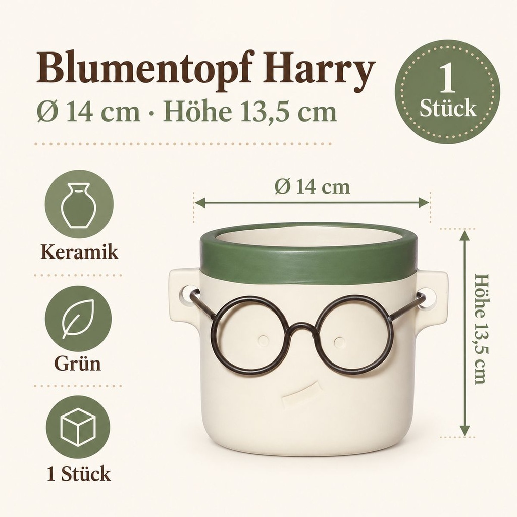 Blumentopf Harry mit Gesicht und Brille Grün, Grün, Ø 14 cm, H 13.5 cm – Maße und Liefermenge auf einen Blick