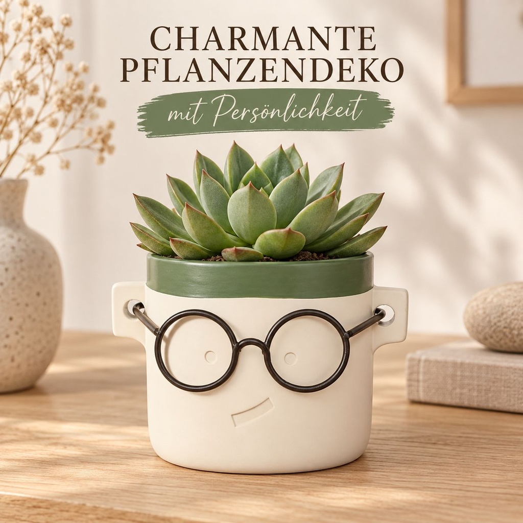 Blumentopf Harry mit Gesicht und Brille Grün, Grün, Ø 14 cm, H 13.5 cm – im Einsatz