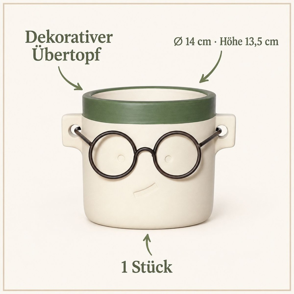 Blumentopf Harry mit Gesicht und Brille Grün, Grün, Ø 14 cm, H 13.5 cm – Eigenschaften im Überblick