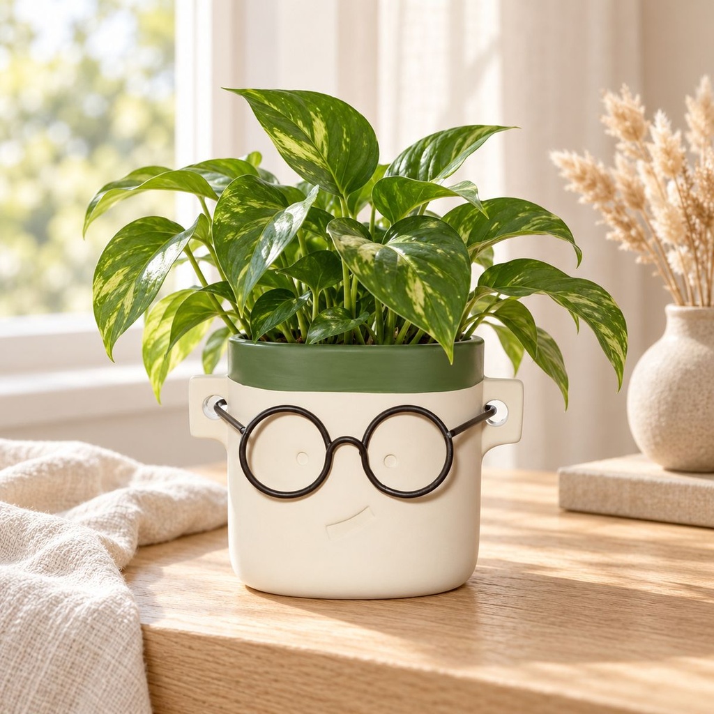 Blumentopf Harry mit Gesicht und Brille Grün, Grün, Ø 14 cm, H 13.5 cm – dekoriert im Wohnraum