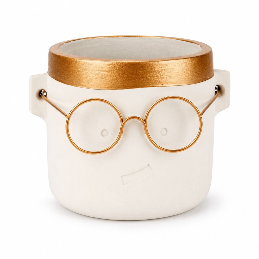 Blumentopf Harry mit Gesicht und Brille Gold, Gold, Ø 14 cm, H 13.5 cm – Produktfoto auf weißem Hintergrund