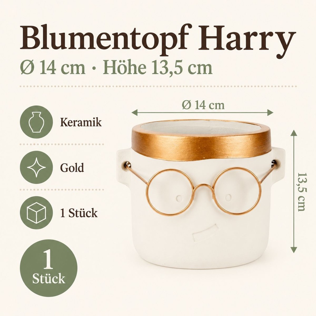 Blumentopf Harry mit Gesicht und Brille Gold, Gold, Ø 14 cm, H 13.5 cm – Maße und Liefermenge auf einen Blick