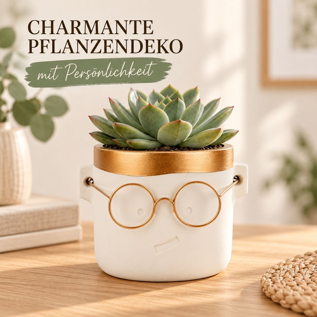 Blumentopf Harry mit Gesicht und Brille Gold, Gold, Ø 14 cm, H 13.5 cm – im Einsatz