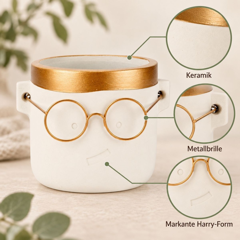 Blumentopf Harry mit Gesicht und Brille Gold, Gold, Ø 14 cm, H 13.5 cm – Nahaufnahme der Oberfläche