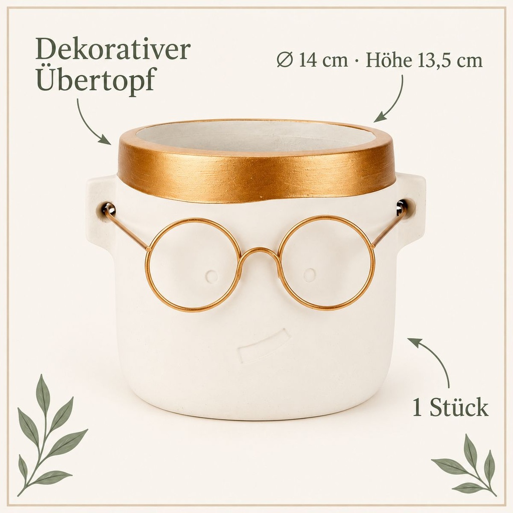 Blumentopf Harry mit Gesicht und Brille Gold, Gold, Ø 14 cm, H 13.5 cm – Eigenschaften im Überblick