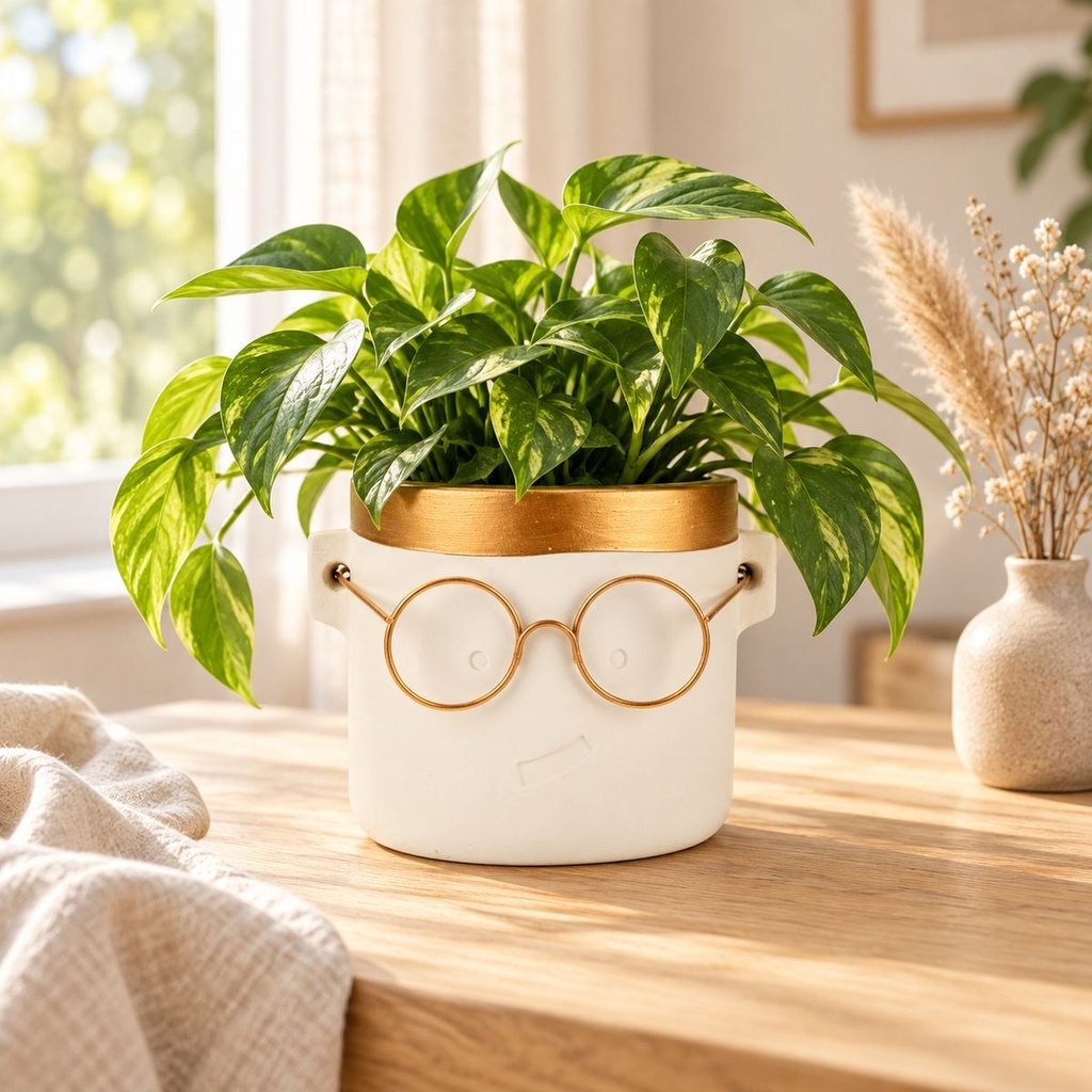 Blumentopf Harry mit Gesicht und Brille Gold, Gold, Ø 14 cm, H 13.5 cm – dekoriert im Wohnraum