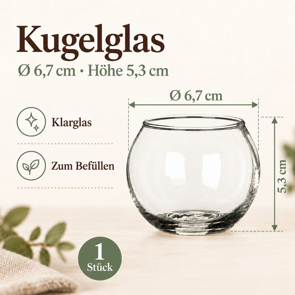 Kugelglas, Klar, Ø 6.7 cm, H 5.3 cm – Maße und Liefermenge auf einen Blick