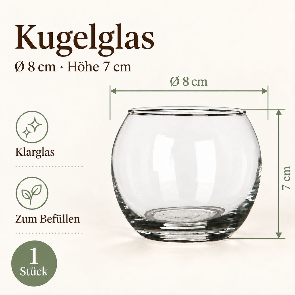 Kugelglas, Klar, Ø 8 cm, H 7 cm – Maße und Liefermenge auf einen Blick