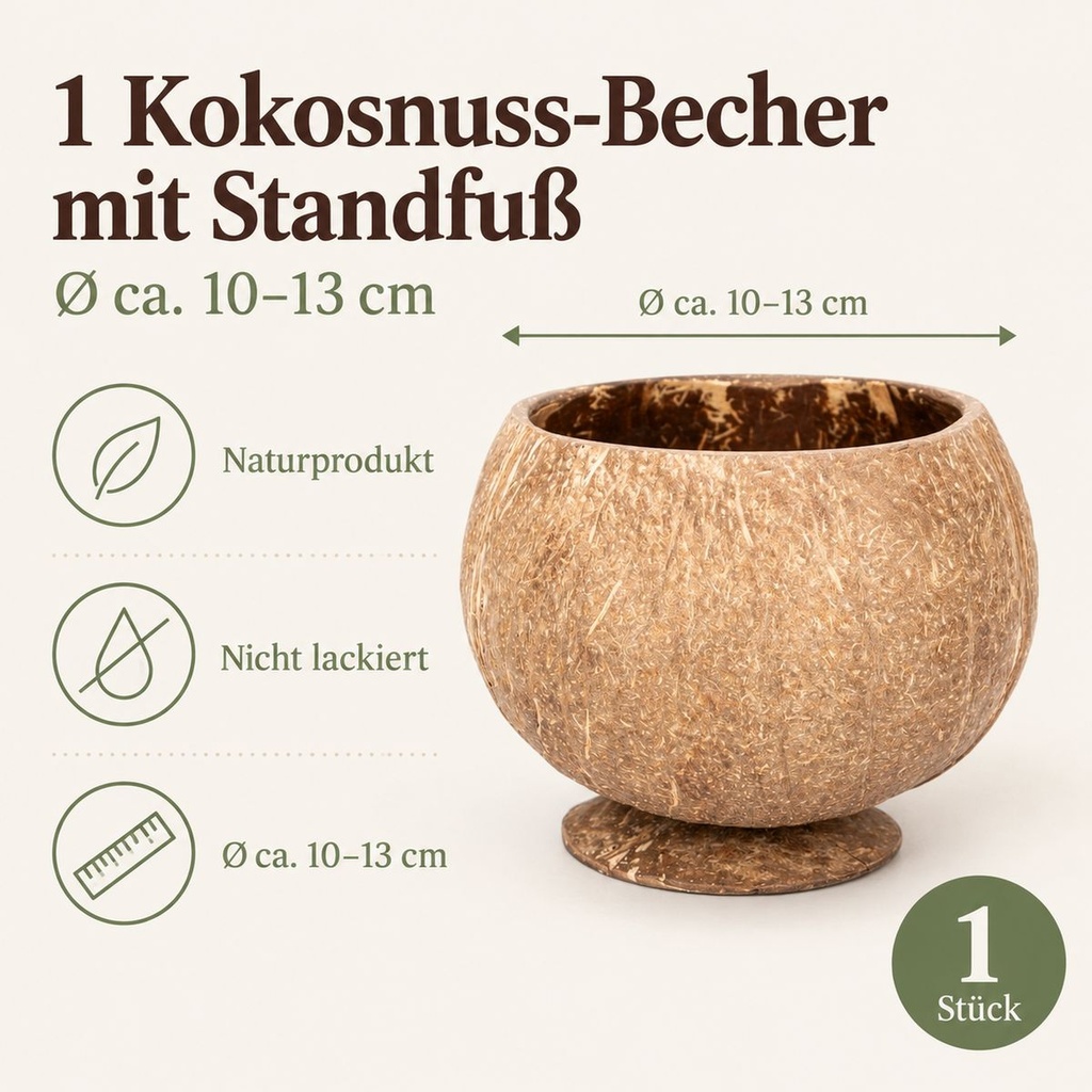 Becher aus echter Kokosnussschale mit angesetztem Standfuß: Ø 10 bis 13 cm – Maße und Lieferumfang auf einen Blick