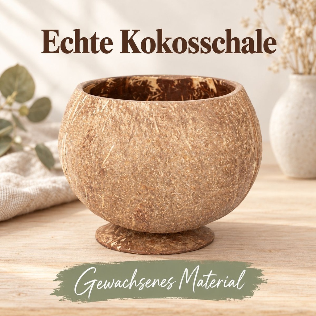 Becher aus echter Kokosnussschale mit angesetztem Standfuß: Nahaufnahme des Übergangs von faseriger Außenseite zur glatt geschliffenen Innenseite