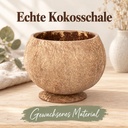 Becher aus echter Kokosnussschale mit angesetztem Standfuß: Nahaufnahme des Übergangs von faseriger Außenseite zur glatt geschliffenen Innenseite