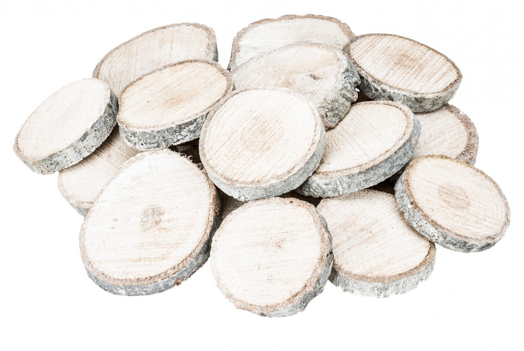 Holzscheiben rund, gefärbt in Weiß, verpackt im Netz mit 1 kg, Größe ca. 6-8cm