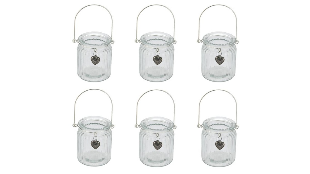 Windlichter aus Glas mit Henkel und Herzanhänger 6 Stück H. 9 cm Ø 8cm
