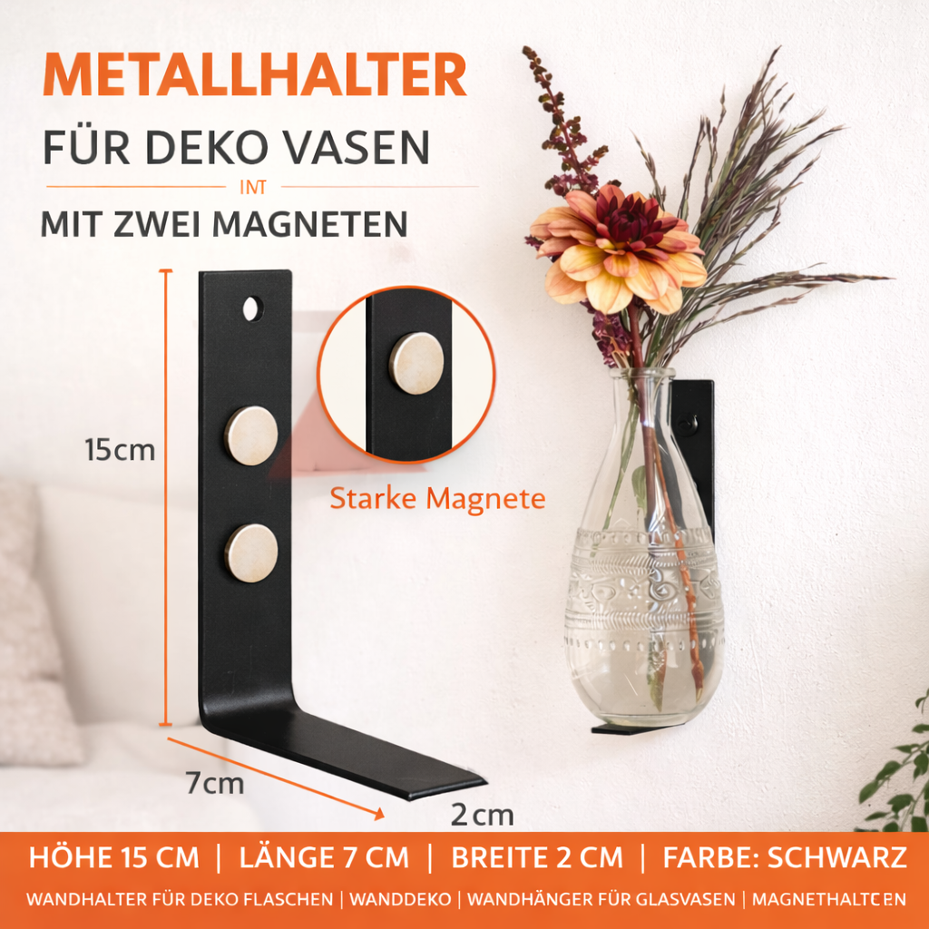 Wandhalter Vase Metall Schwarz mit Magnet Deko Flaschenhalter Wanddeko