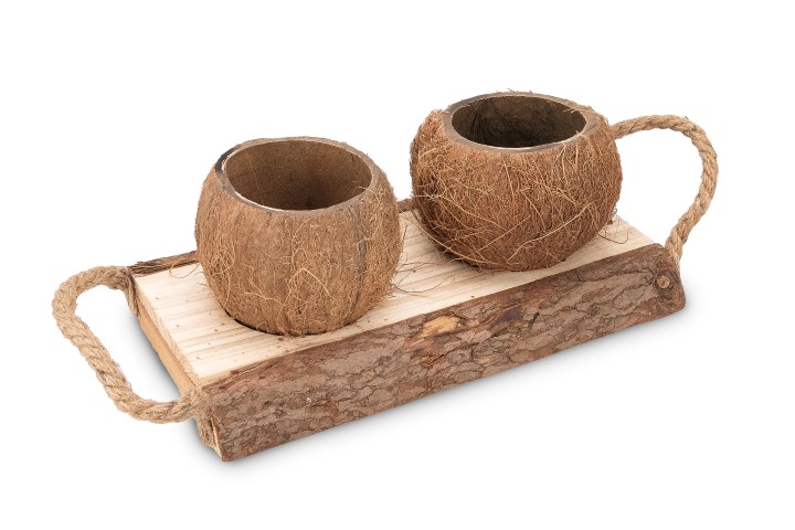 Holzschale mit Kokosnuss-Bechern in zwei Größen zur Auswahl