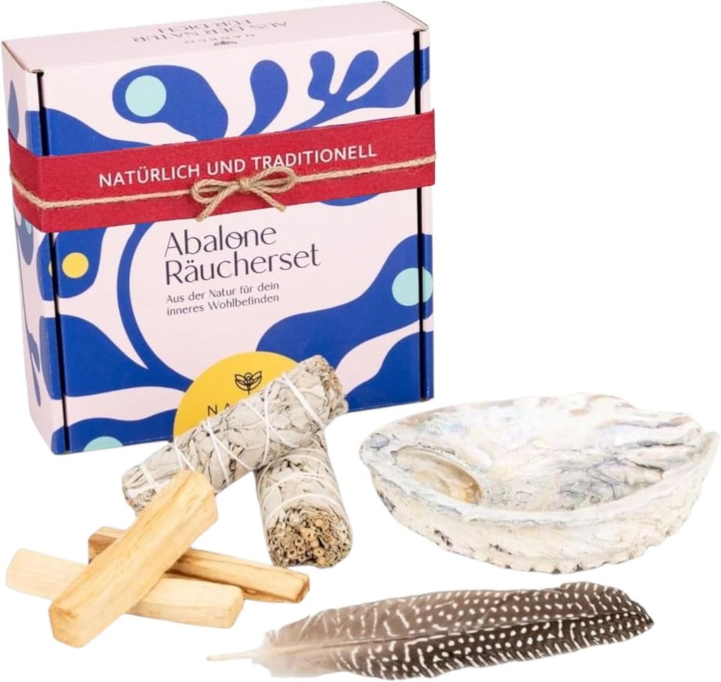  Premium Räucherset, Weißer Salbei & Palo Santo zum Räuchern, Meditation mit Abalone-Muschel 14–17 cm, Feder & Geschenkbox