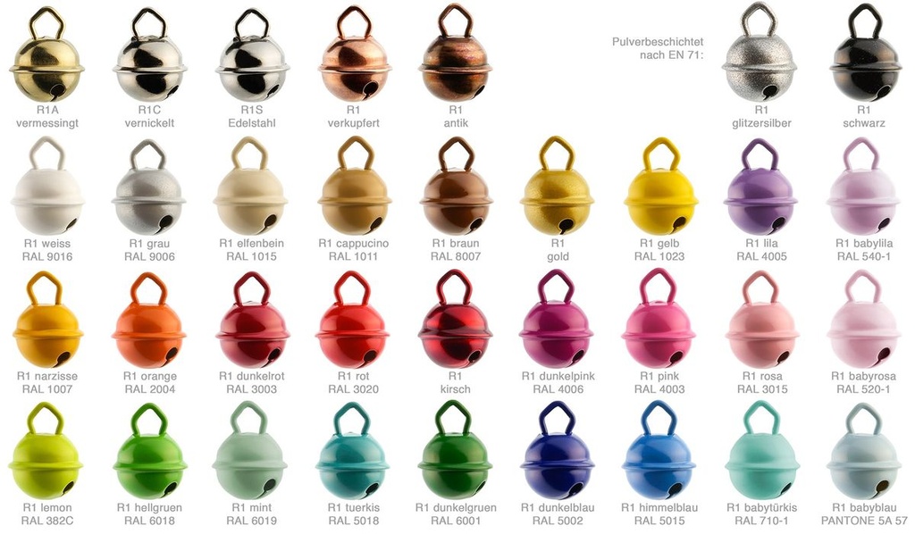 Rollen Glocken (Kugelform) 5 Stück, Ø 15mm, 30 Farben zur Auswahl, EN71