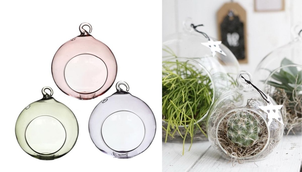Hängende Glaskugel Vase im Set mit 3 Stück (Grün, Lila, Pink), wählbar in 2 Größen | Sukkulenten Glas | Terrarium Glas | Tillandsia Glas | Flower Air | Pflanzgefäß | Teelichtglas
