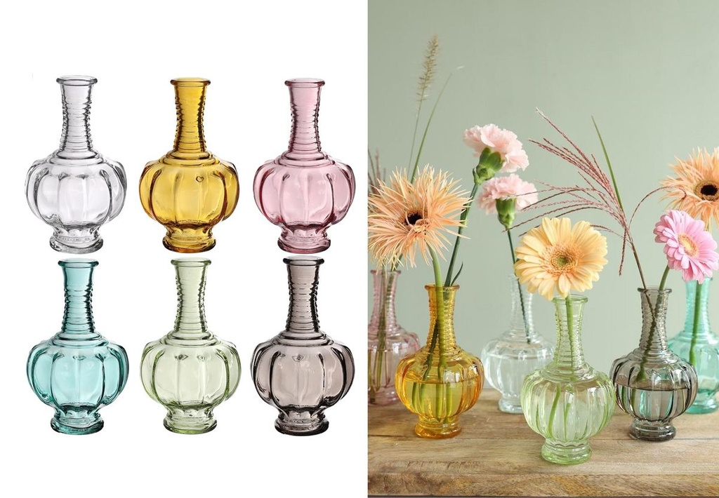 Vintage Glasvase 15 cm, in vielen Farben – Kleine Tischvase für Trockenblumen & Blumensträuße – Hochzeitsvase – Deko Glasflasche