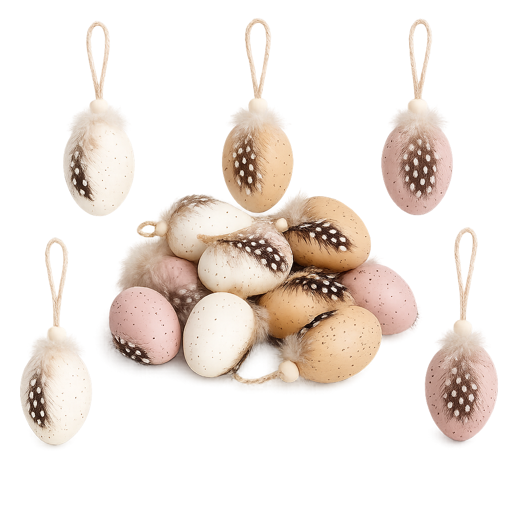 12x Deko-Eier zum Aufhängen, 6cm – Osterdeko in Wachtelei-Optik mit Federn & Holzperle – Kunststoff, bruchsicher – Hängedeko für Osterstrauch & Frühling