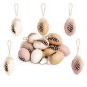 12x Deko-Eier zum Aufhängen, 6cm – Osterdeko in Wachtelei-Optik mit Federn & Holzperle – Kunststoff, bruchsicher – Hängedeko für Osterstrauch & Frühling