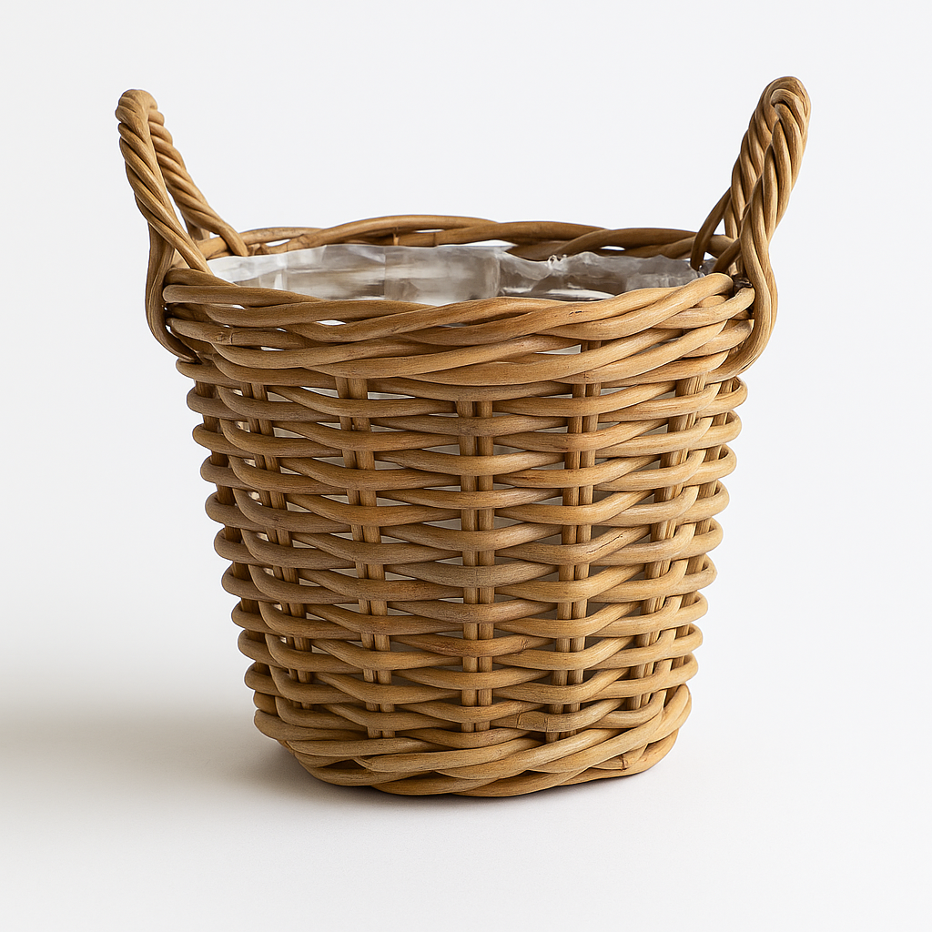 Rattan Pflanzkorb mit Folie & Henkeln – 6 Größen wählbar – Naturkorb als Übertopf, Gartenkorb, Kaminholzkorb & Dekokorb – Rund & Handgefertigt